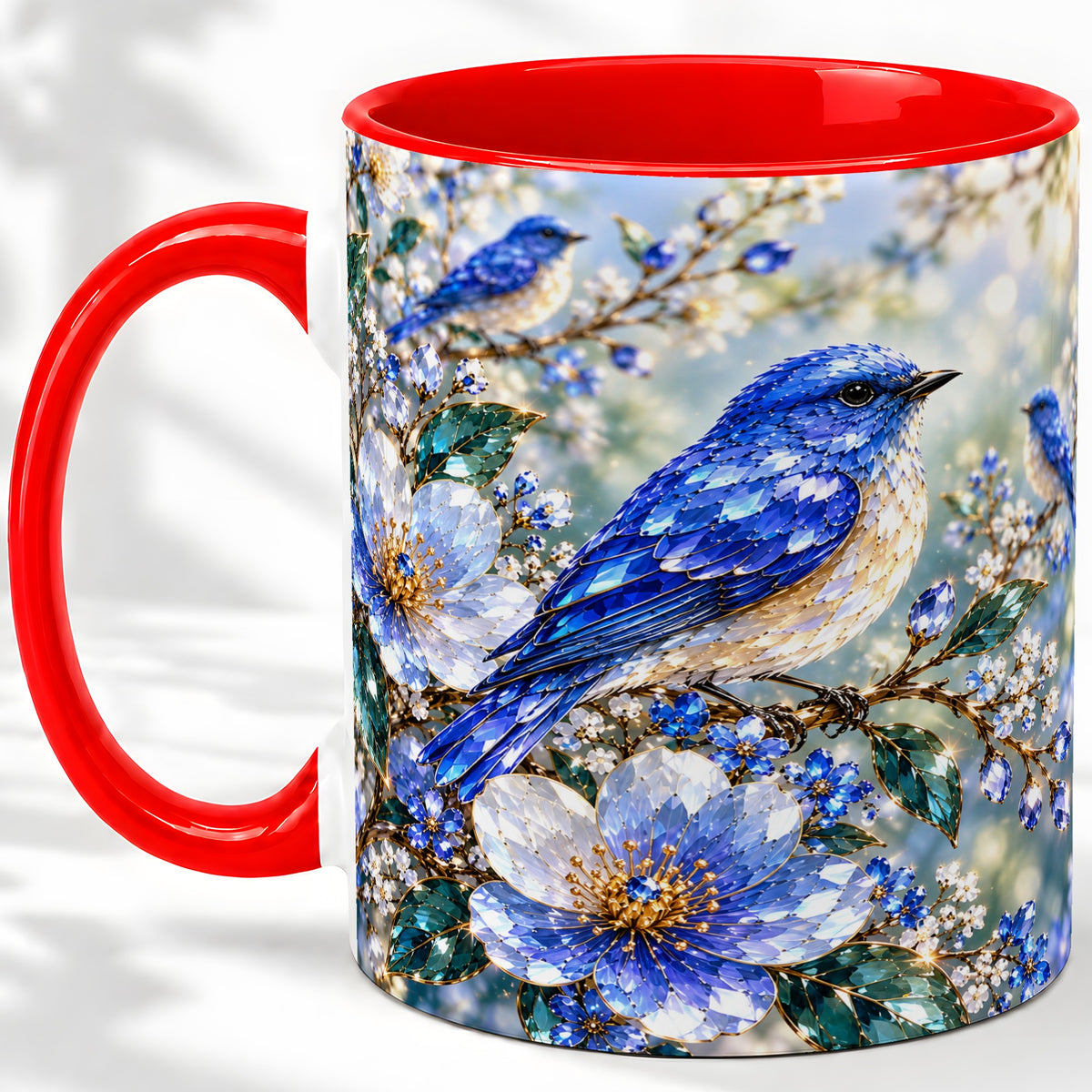 Blue Bird Blossom Floral Garden Ceramic Mug Artwork for Bird Lovers
