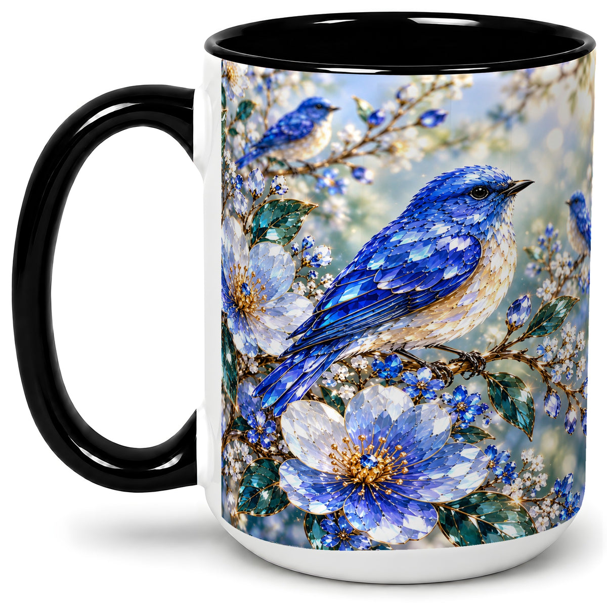 #pl[15oz|Black] Blue Bird Blossom Floral Garden Ceramic Mug Artwork for Bird Lovers