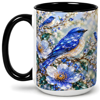 #pl[15oz|Black] Blue Bird Blossom Floral Garden Ceramic Mug Artwork for Bird Lovers