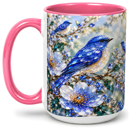 #pl[15oz|Pink] Blue Bird Blossom Floral Garden Ceramic Mug Artwork for Bird Lovers