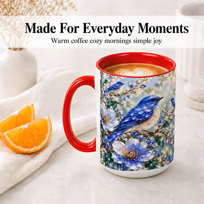 #pl[15oz|Red] Blue Bird Blossom Floral Garden Ceramic Mug Artwork for Bird Lovers