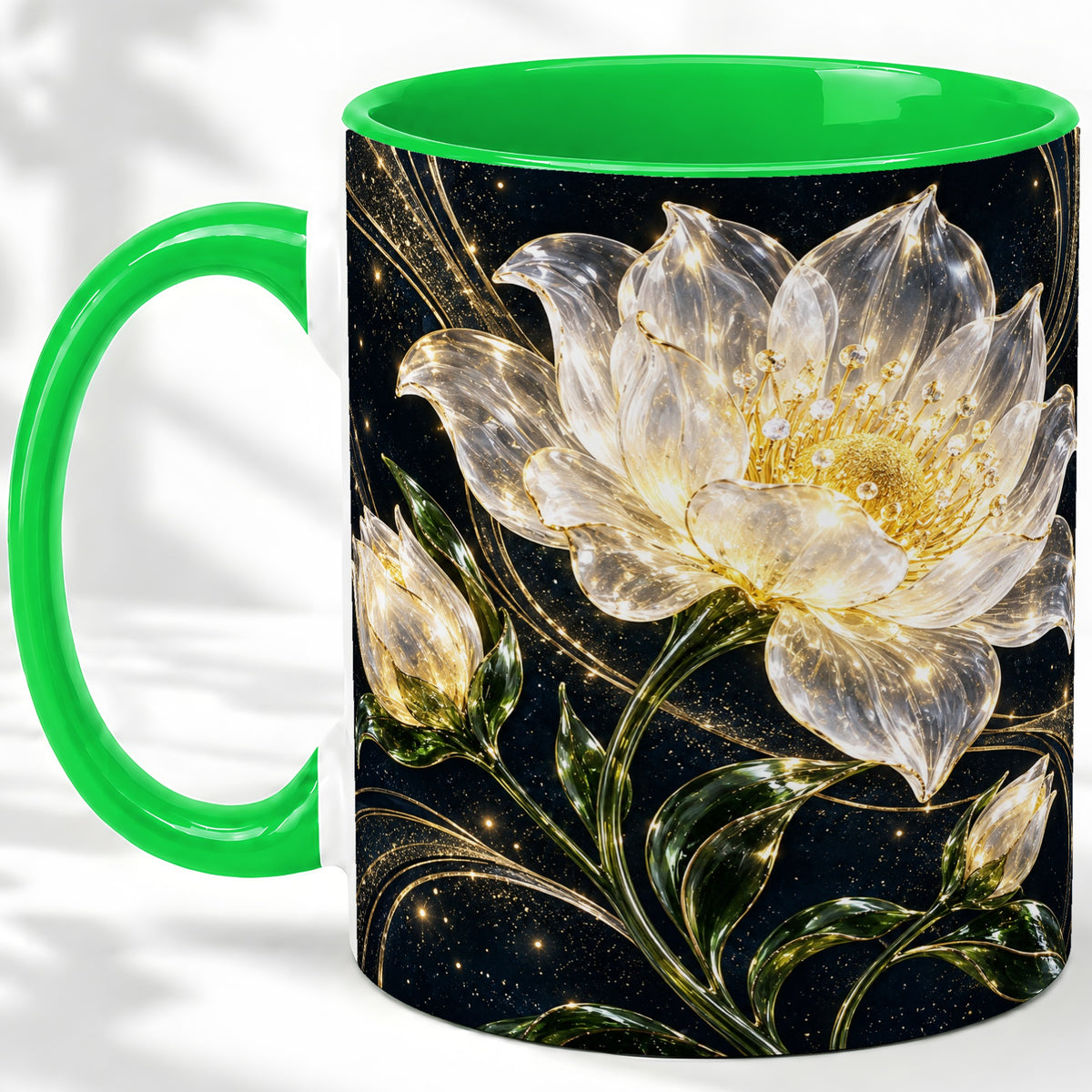 #pl[11oz|Green] Crystal Style White Flower Ceramic Mug with Gold Botanical Artwork