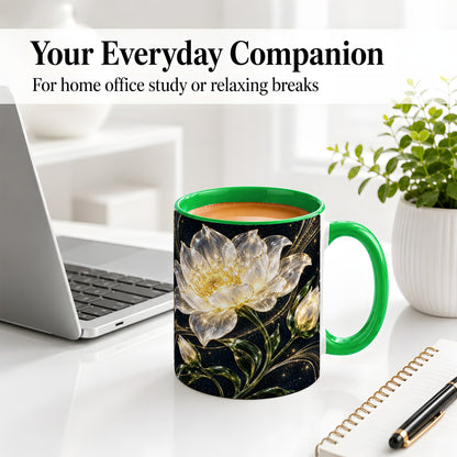#pl[11oz|Green] Crystal Style White Flower Ceramic Mug with Gold Botanical Artwork