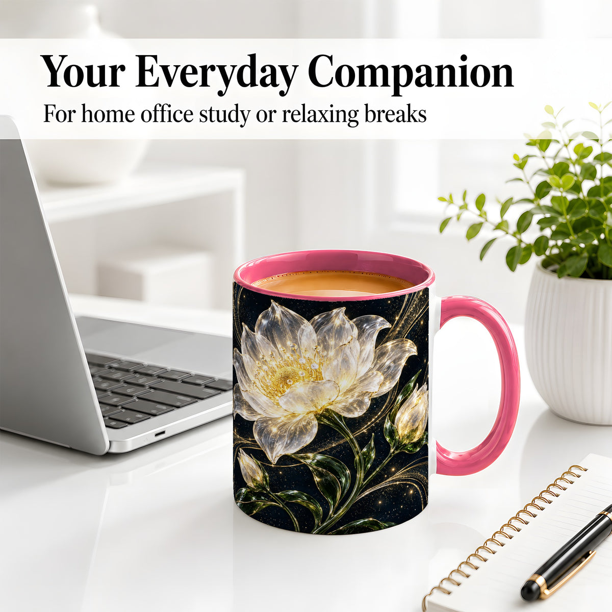 #pl[11oz|Pink] Crystal Style White Flower Ceramic Mug with Gold Botanical Artwork