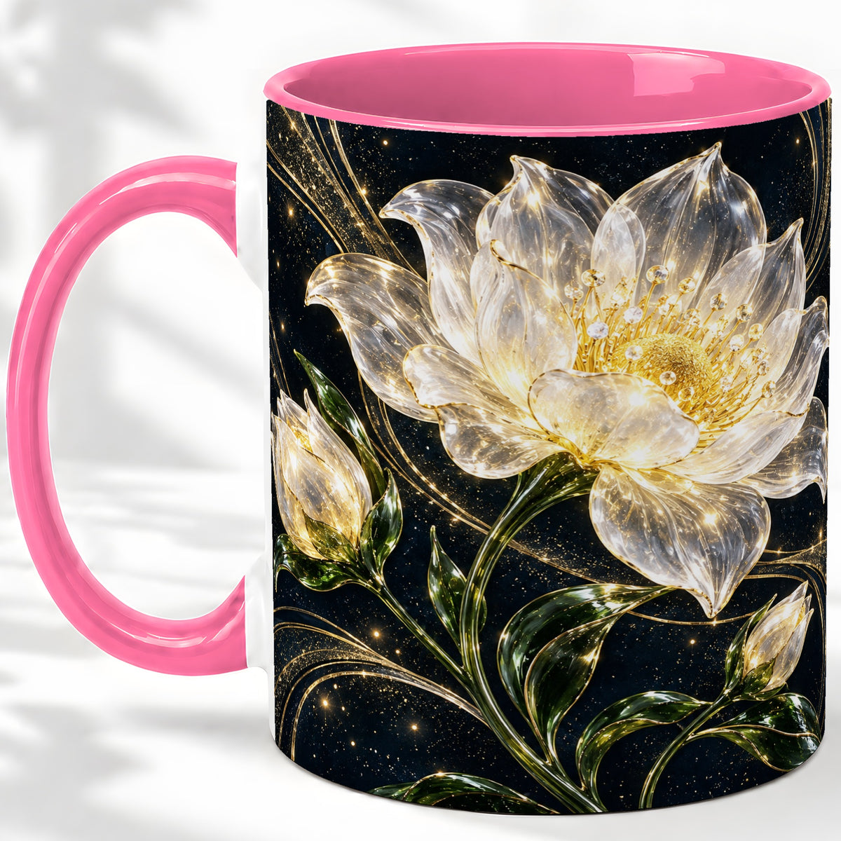 #pl[11oz|Pink] Crystal Style White Flower Ceramic Mug with Gold Botanical Artwork
