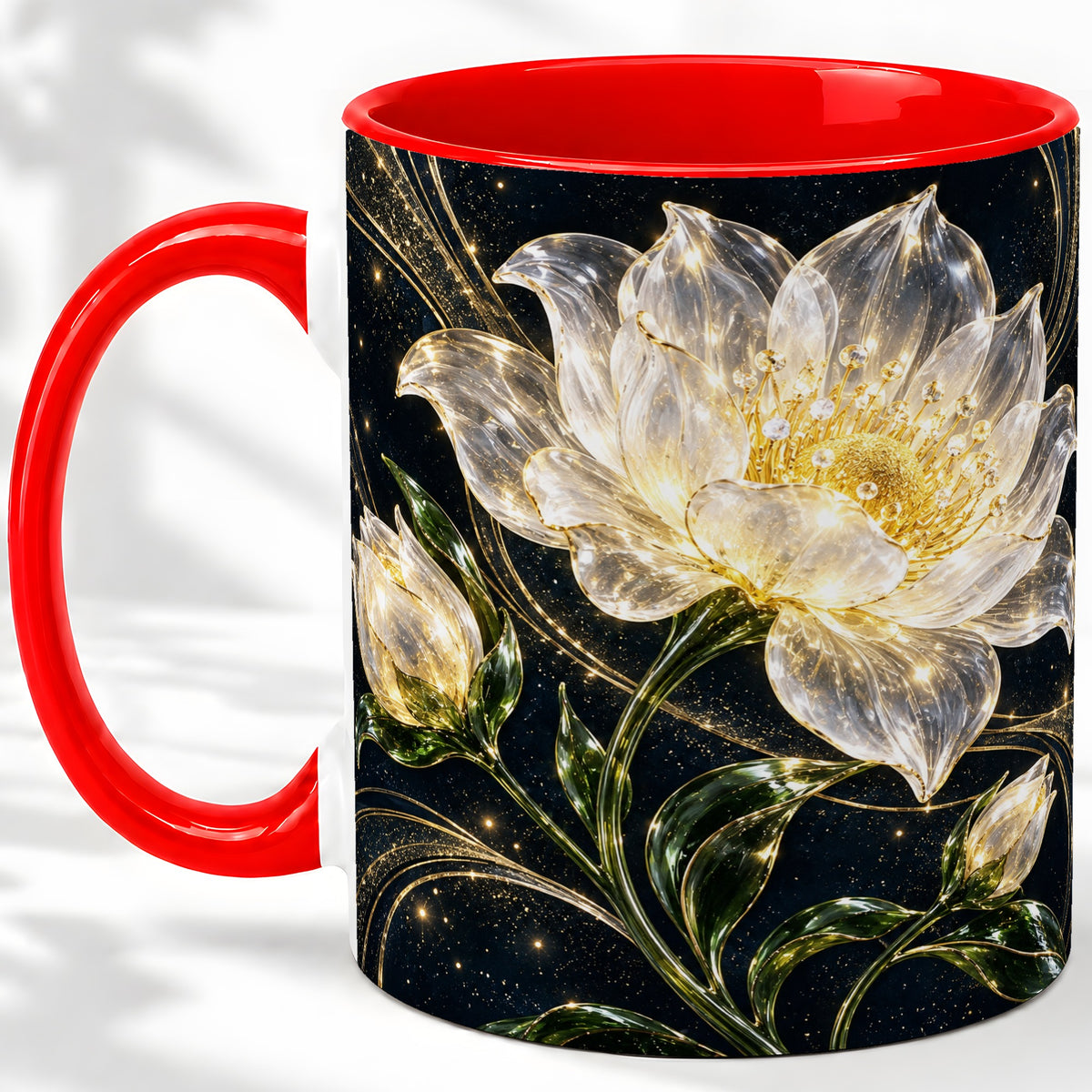 Crystal Style White Flower Ceramic Mug with Gold Botanical Artwork