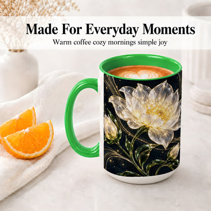 #pl[15oz|Green] Crystal Style White Flower Ceramic Mug with Gold Botanical Artwork