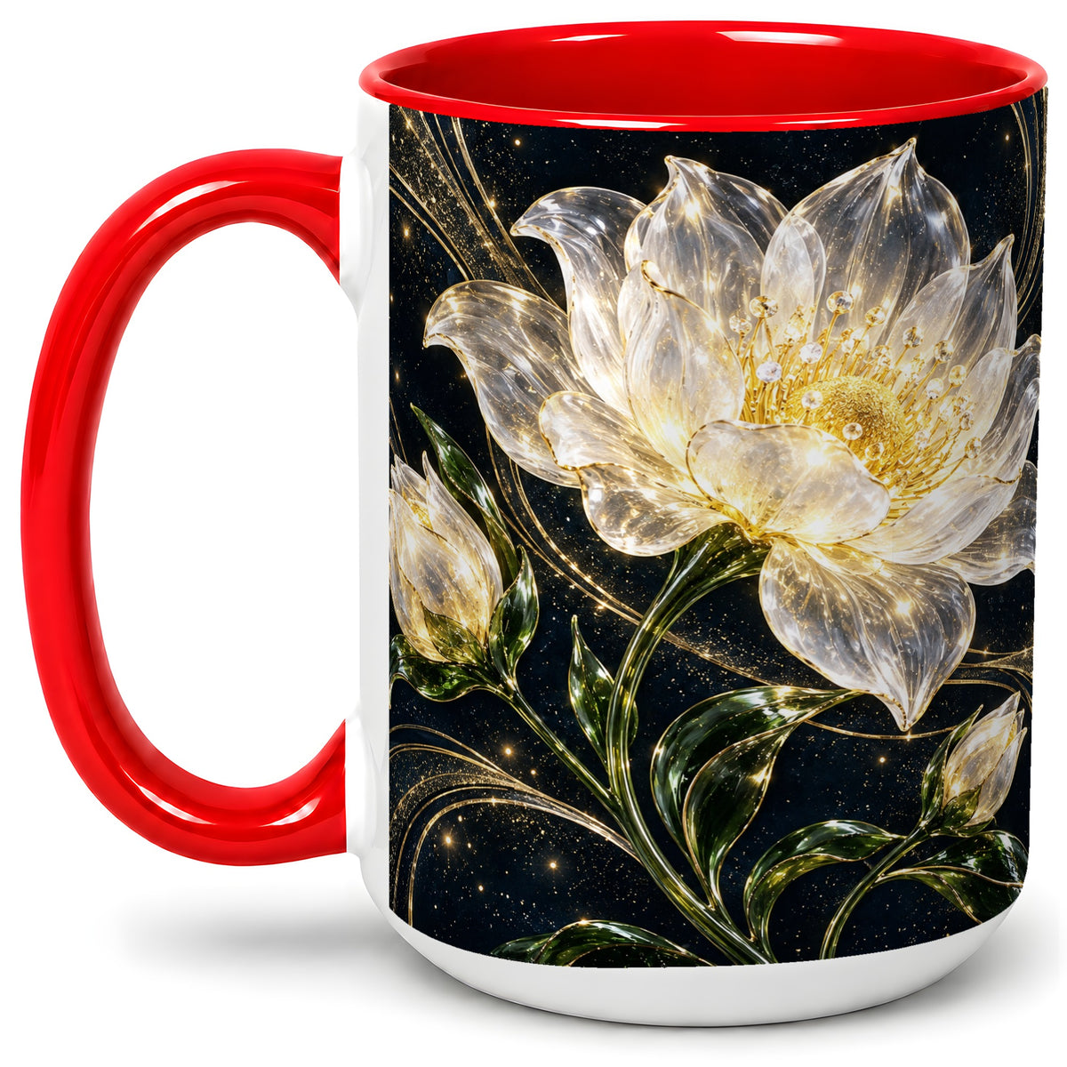 #pl[15oz|Red] Crystal Style White Flower Ceramic Mug with Gold Botanical Artwork