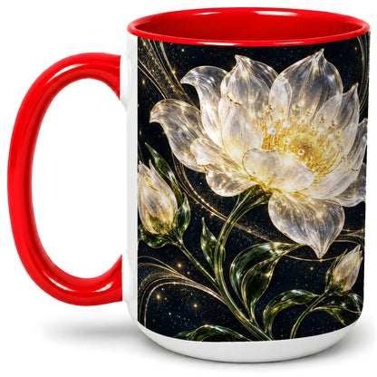 #pl[15oz|Red] Crystal Style White Flower Ceramic Mug with Gold Botanical Artwork