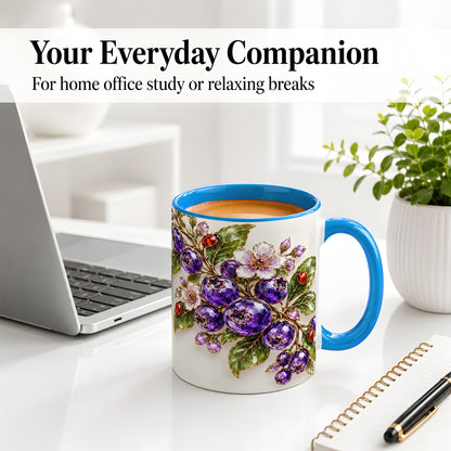 #pl[11oz|Blue] Purple Berry Ladybug Floral Ceramic Mug with Botanical Artwork