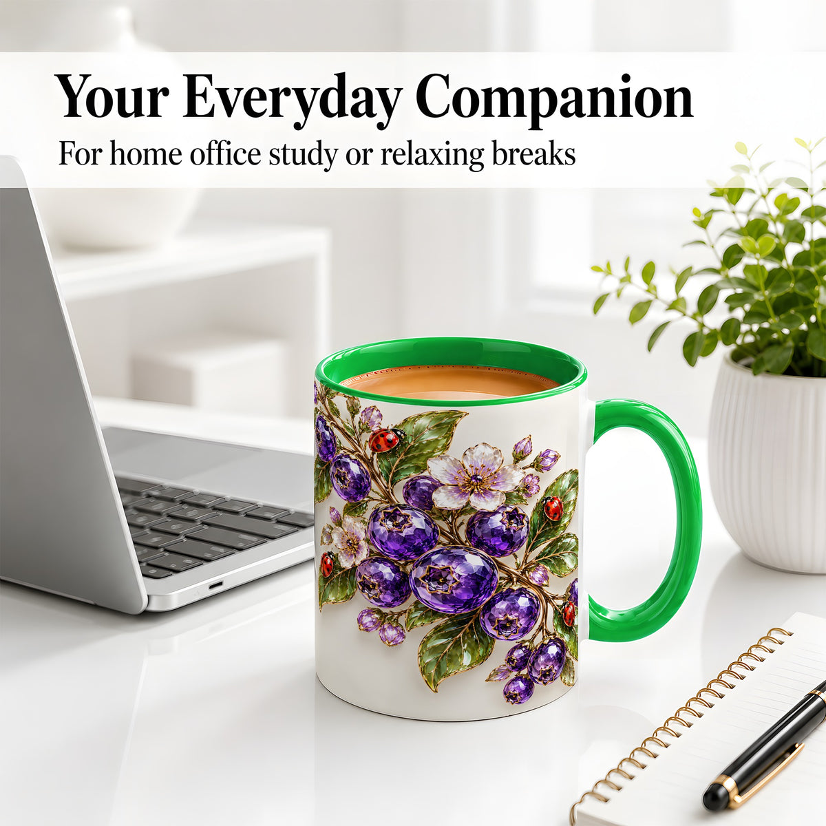 #pl[11oz|Green] Purple Berry Ladybug Floral Ceramic Mug with Botanical Artwork