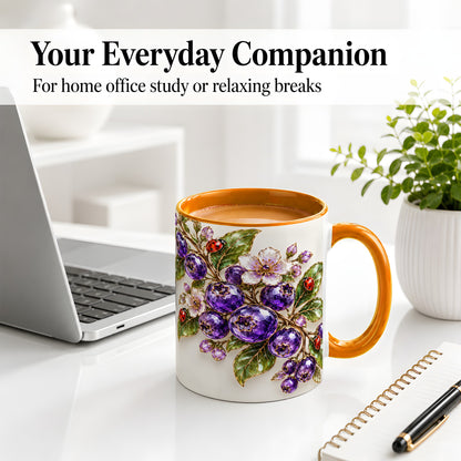 #pl[11oz|Orange] Purple Berry Ladybug Floral Ceramic Mug with Botanical Artwork