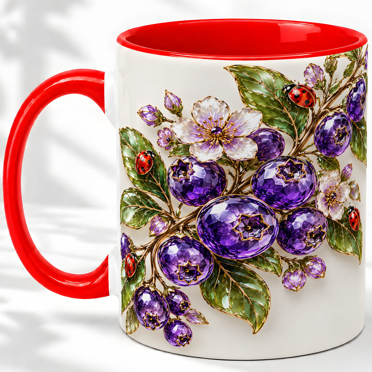 Purple Berry Ladybug Floral Ceramic Mug with Botanical Artwork