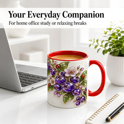 #pl[11oz|Red] Purple Berry Ladybug Floral Ceramic Mug with Botanical Artwork
