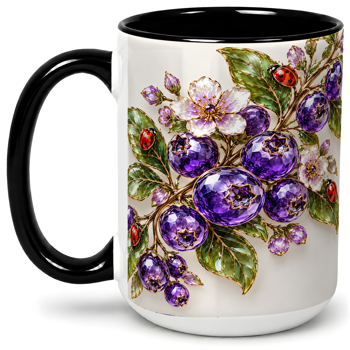 #pl[15oz|Black] Purple Berry Ladybug Floral Ceramic Mug with Botanical Artwork