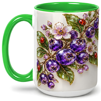 #pl[15oz|Green] Purple Berry Ladybug Floral Ceramic Mug with Botanical Artwork