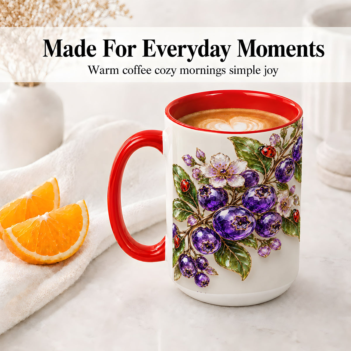 #pl[15oz|Red] Purple Berry Ladybug Floral Ceramic Mug with Botanical Artwork