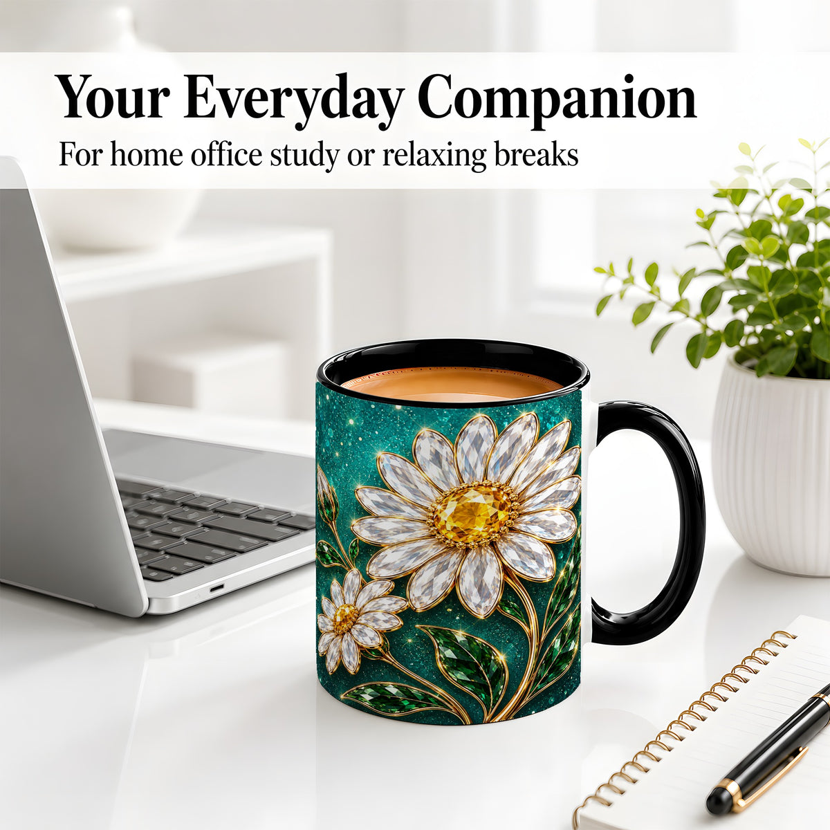 #pl[11oz|Black] Jeweled Daisy Emerald Floral Ceramic Mug Artwork for Daisy Lovers