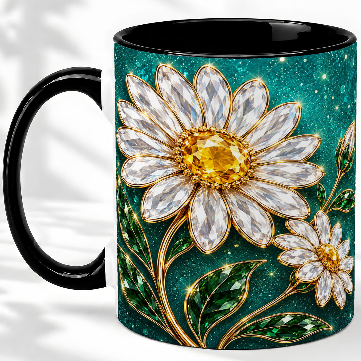 #pl[11oz|Black] Jeweled Daisy Emerald Floral Ceramic Mug Artwork for Daisy Lovers