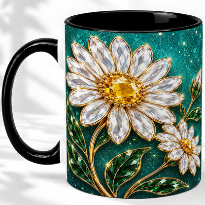 #pl[11oz|Black] Jeweled Daisy Emerald Floral Ceramic Mug Artwork for Daisy Lovers