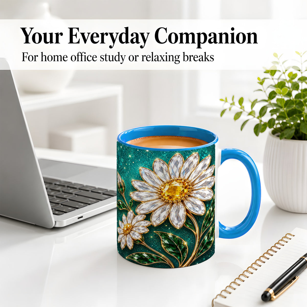 #pl[11oz|Blue] Jeweled Daisy Emerald Floral Ceramic Mug Artwork for Daisy Lovers