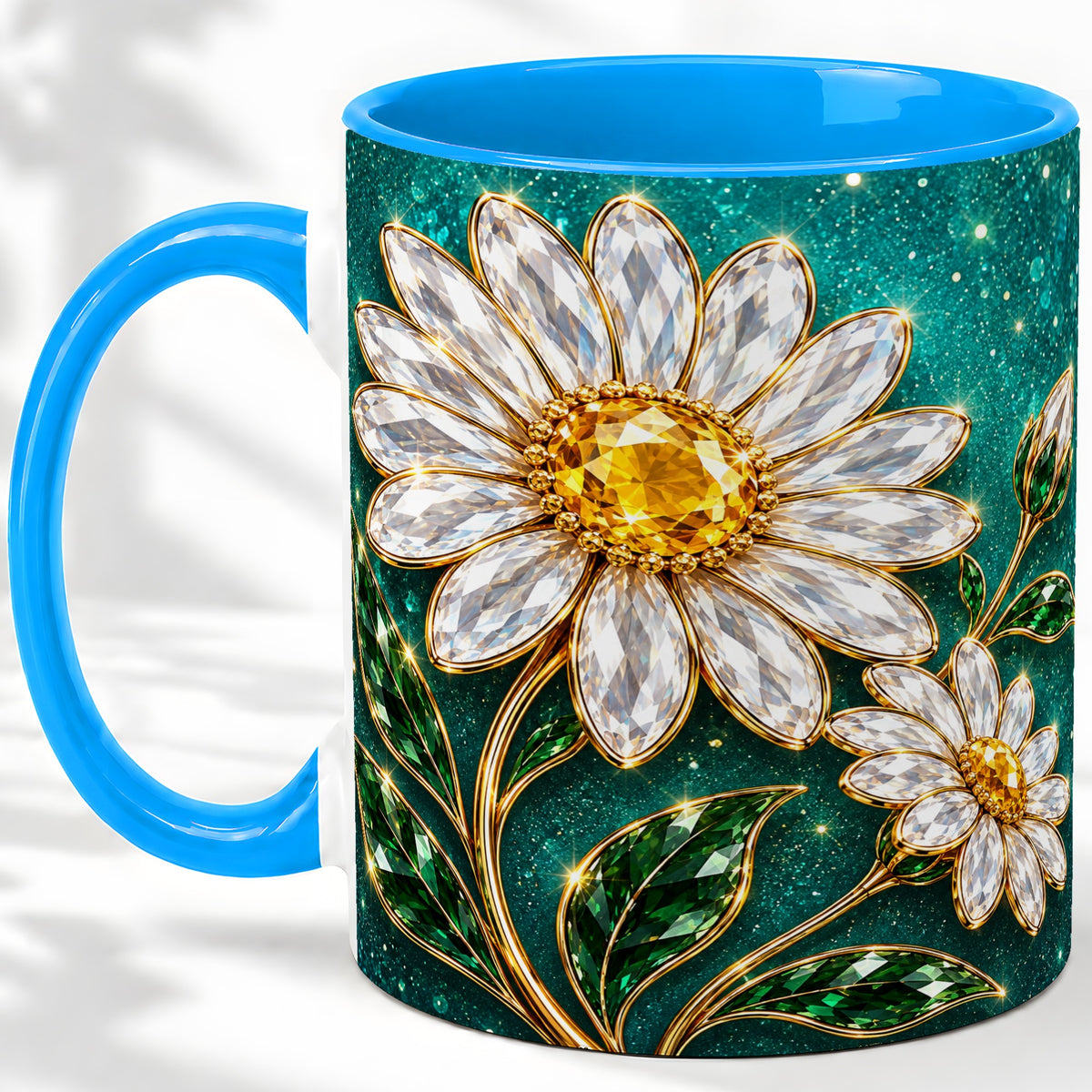 #pl[11oz|Blue] Jeweled Daisy Emerald Floral Ceramic Mug Artwork for Daisy Lovers