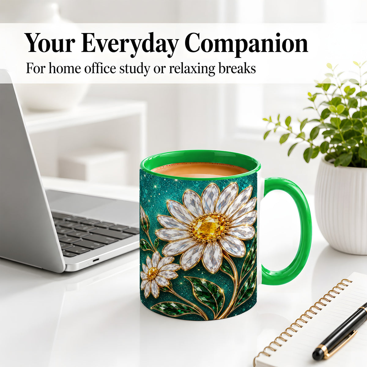 #pl[11oz|Green] Jeweled Daisy Emerald Floral Ceramic Mug Artwork for Daisy Lovers