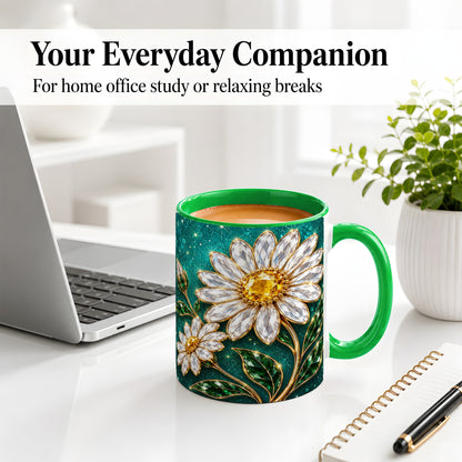 #pl[11oz|Green] Jeweled Daisy Emerald Floral Ceramic Mug Artwork for Daisy Lovers