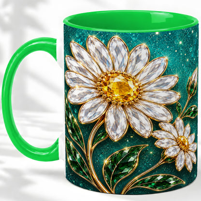#pl[11oz|Green] Jeweled Daisy Emerald Floral Ceramic Mug Artwork for Daisy Lovers