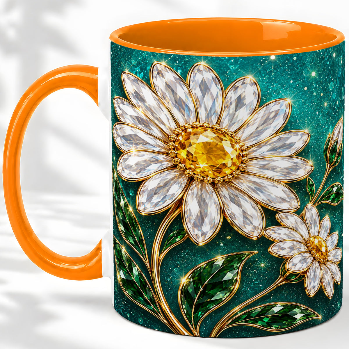 #pl[11oz|Orange] Jeweled Daisy Emerald Floral Ceramic Mug Artwork for Daisy Lovers