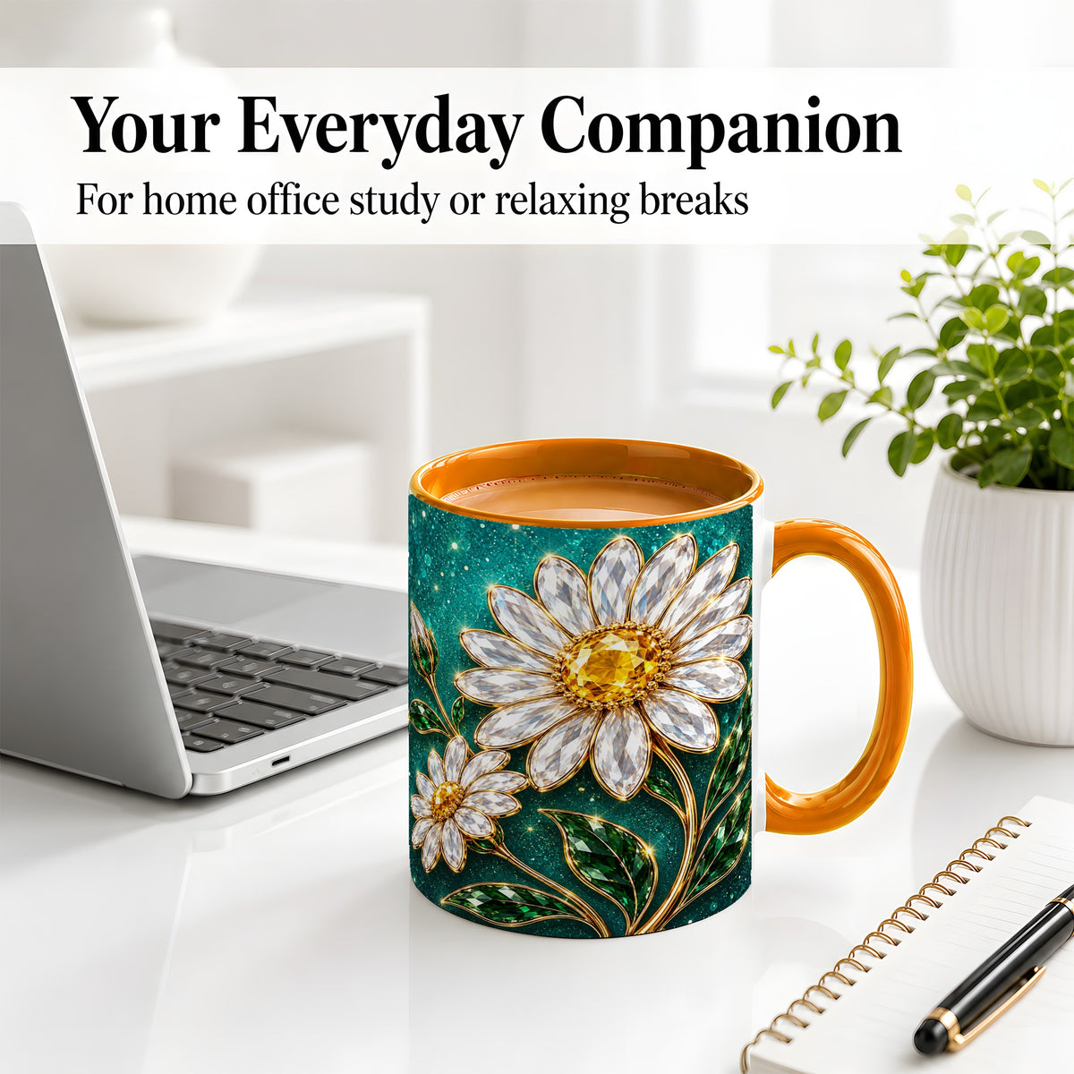 #pl[11oz|Orange] Jeweled Daisy Emerald Floral Ceramic Mug Artwork for Daisy Lovers