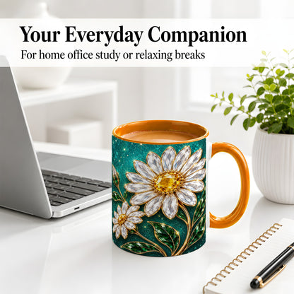 #pl[11oz|Orange] Jeweled Daisy Emerald Floral Ceramic Mug Artwork for Daisy Lovers