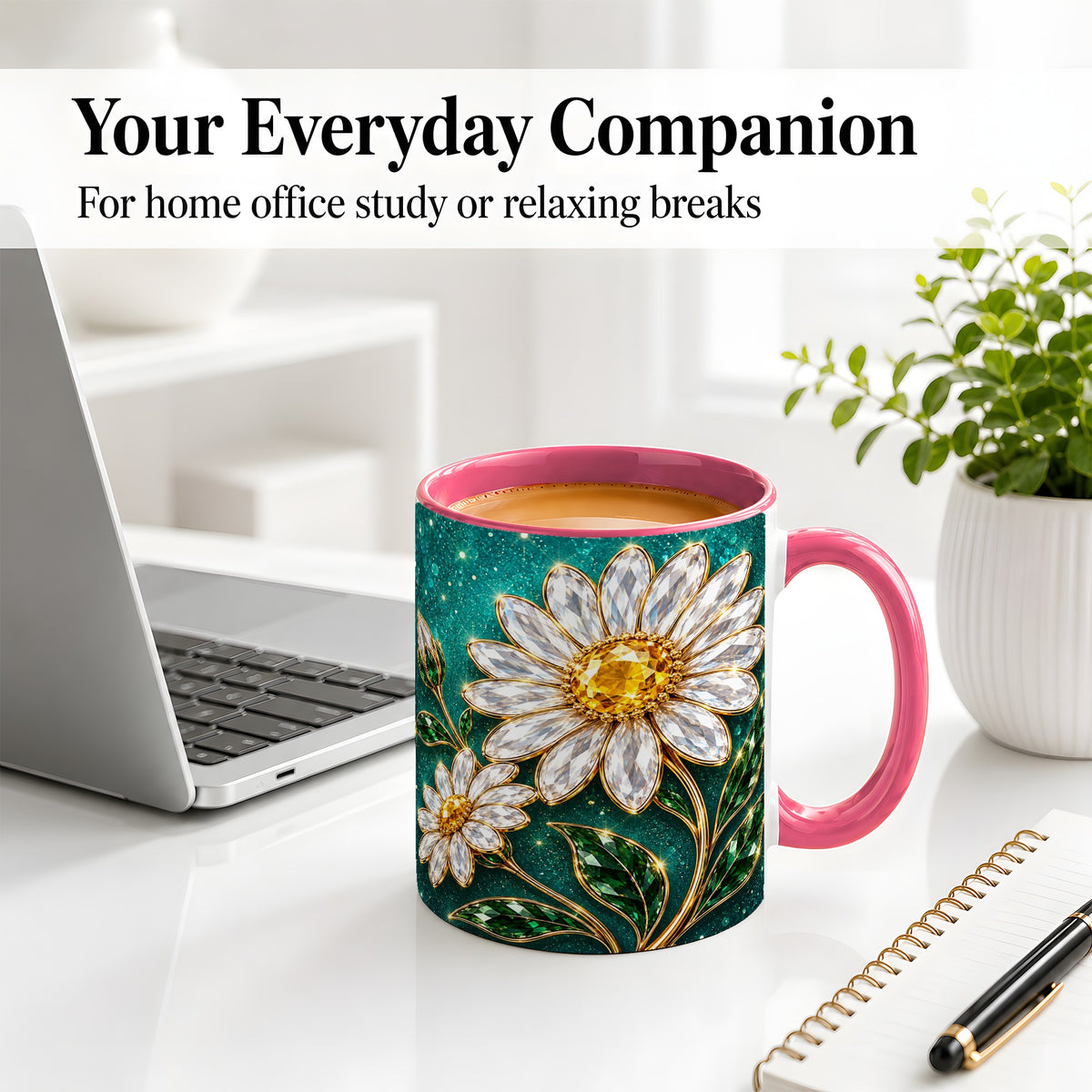 #pl[11oz|Pink] Jeweled Daisy Emerald Floral Ceramic Mug Artwork for Daisy Lovers
