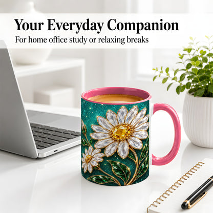 #pl[11oz|Pink] Jeweled Daisy Emerald Floral Ceramic Mug Artwork for Daisy Lovers