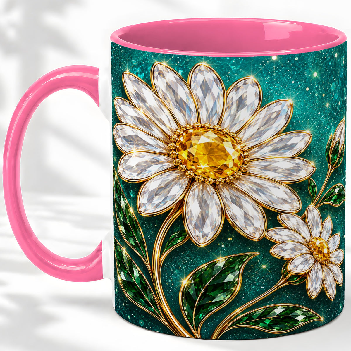 #pl[11oz|Pink] Jeweled Daisy Emerald Floral Ceramic Mug Artwork for Daisy Lovers