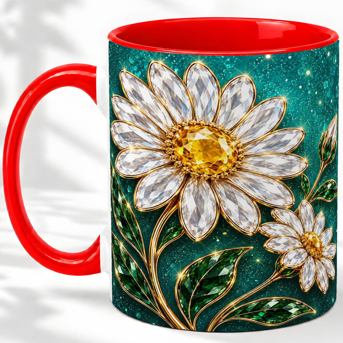 Jeweled Daisy Emerald Floral Ceramic Mug Artwork for Daisy Lovers