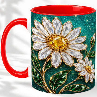 Jeweled Daisy Emerald Floral Ceramic Mug Artwork for Daisy Lovers