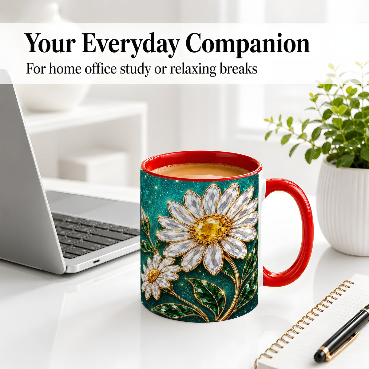 #pl[11oz|Red] Jeweled Daisy Emerald Floral Ceramic Mug Artwork for Daisy Lovers