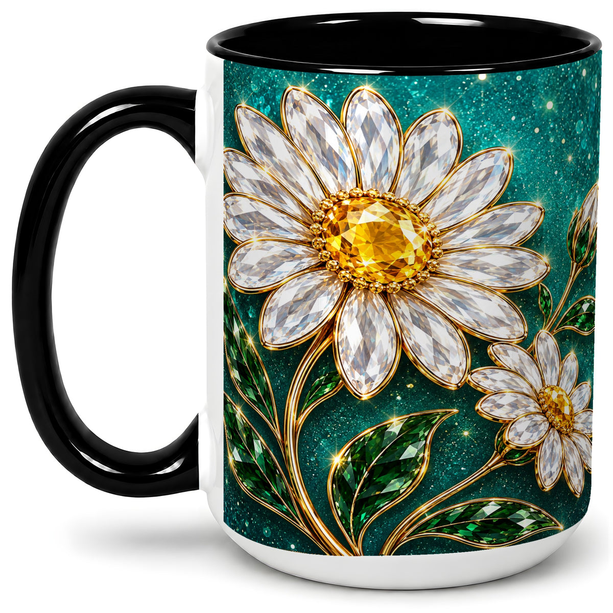 #pl[15oz|Black] Jeweled Daisy Emerald Floral Ceramic Mug Artwork for Daisy Lovers