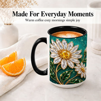 #pl[15oz|Black] Jeweled Daisy Emerald Floral Ceramic Mug Artwork for Daisy Lovers