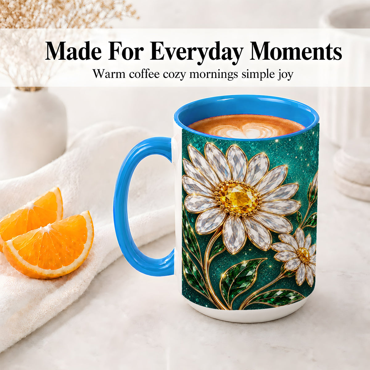 #pl[15oz|Blue] Jeweled Daisy Emerald Floral Ceramic Mug Artwork for Daisy Lovers