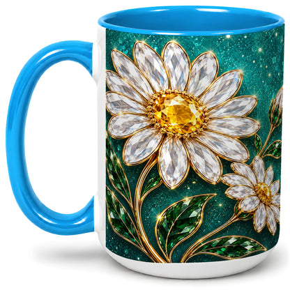 #pl[15oz|Blue] Jeweled Daisy Emerald Floral Ceramic Mug Artwork for Daisy Lovers