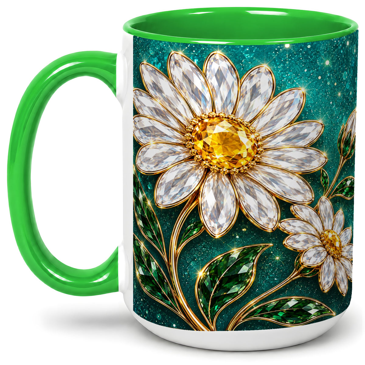 #pl[15oz|Green] Jeweled Daisy Emerald Floral Ceramic Mug Artwork for Daisy Lovers