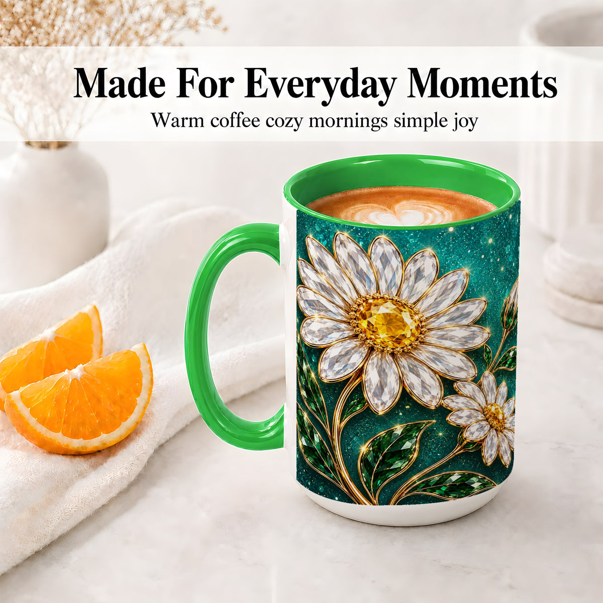 #pl[15oz|Green] Jeweled Daisy Emerald Floral Ceramic Mug Artwork for Daisy Lovers