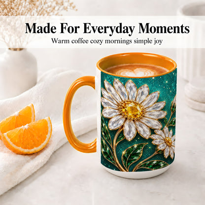 #pl[15oz|Orange] Jeweled Daisy Emerald Floral Ceramic Mug Artwork for Daisy Lovers