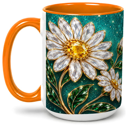 #pl[15oz|Orange] Jeweled Daisy Emerald Floral Ceramic Mug Artwork for Daisy Lovers