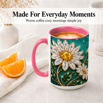 #pl[15oz|Pink] Jeweled Daisy Emerald Floral Ceramic Mug Artwork for Daisy Lovers