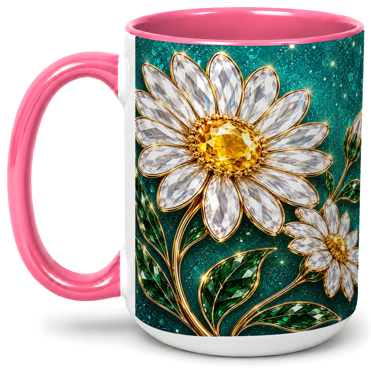 #pl[15oz|Pink] Jeweled Daisy Emerald Floral Ceramic Mug Artwork for Daisy Lovers