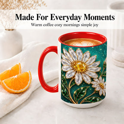 #pl[15oz|Red] Jeweled Daisy Emerald Floral Ceramic Mug Artwork for Daisy Lovers
