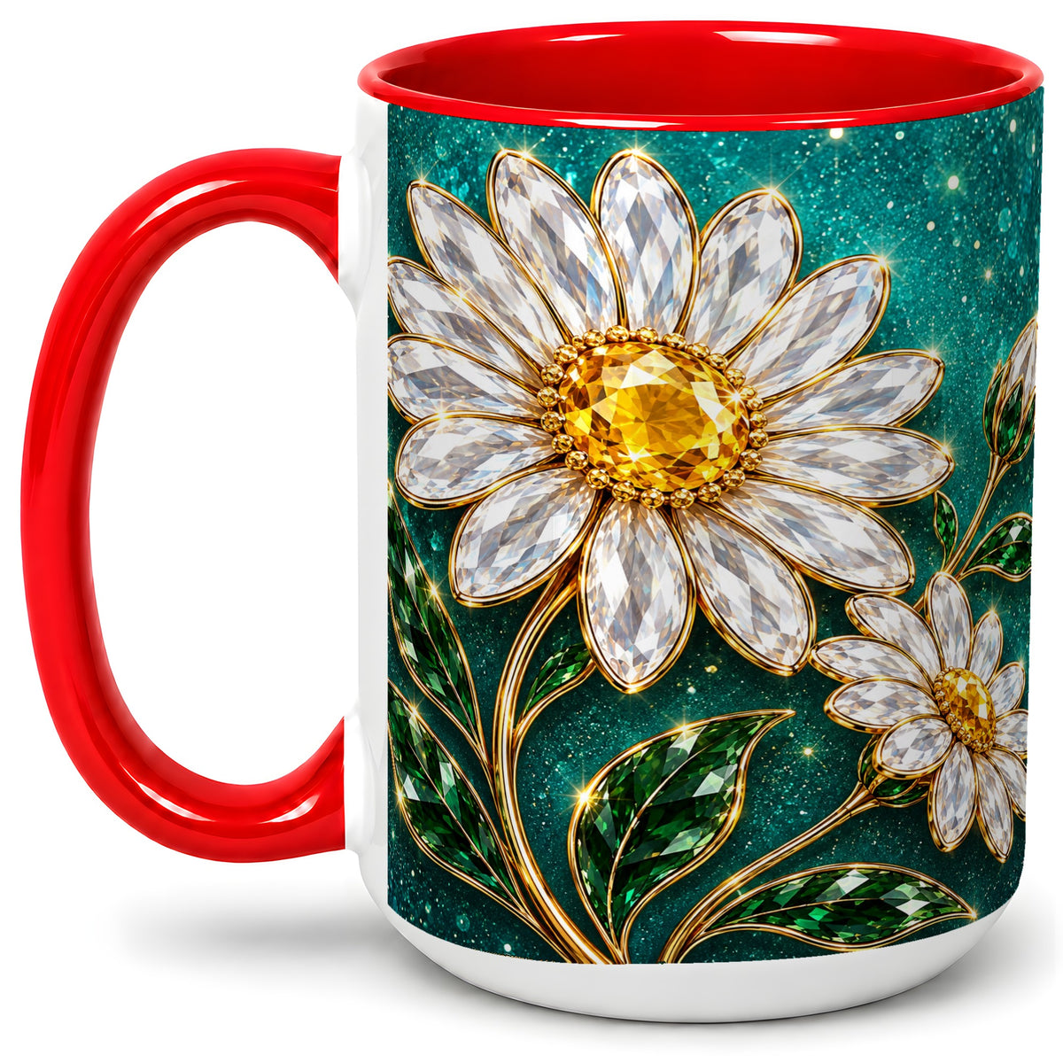 #pl[15oz|Red] Jeweled Daisy Emerald Floral Ceramic Mug Artwork for Daisy Lovers